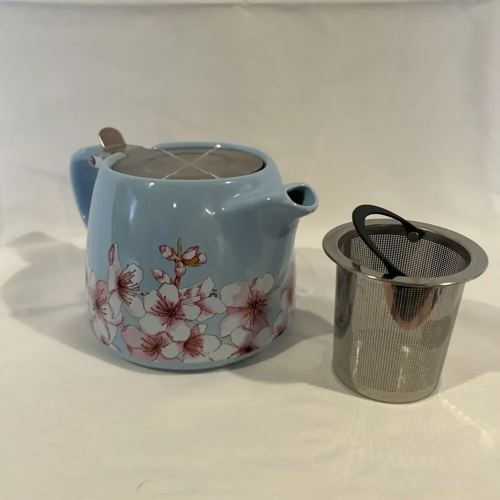 Teapot for One with Tea Infuser, Blue with Pink Flowers 16 ounce